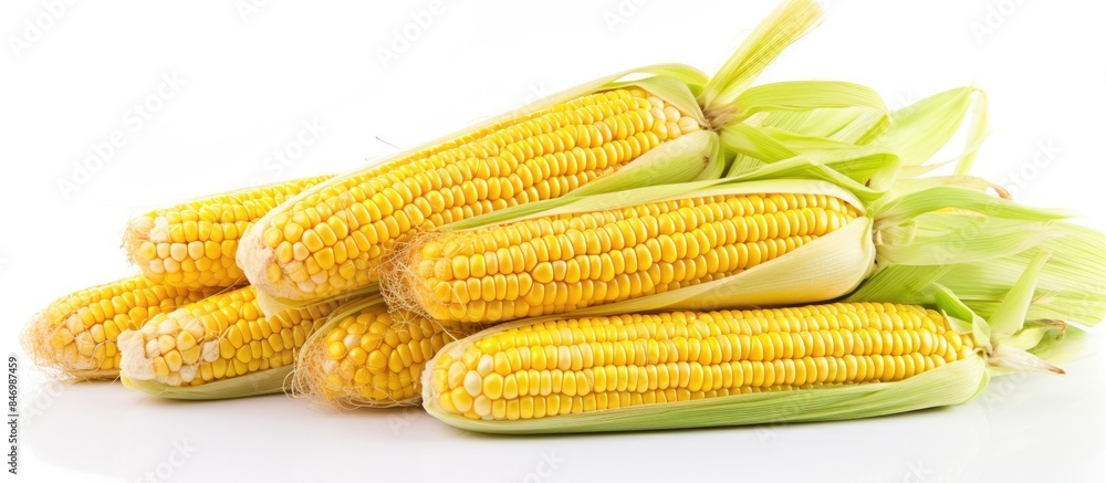 Poster ears of maize arranged on a plain white background. with copy space image. place for adding text or 