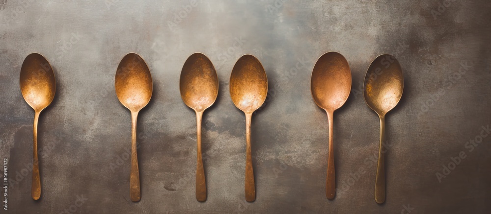 Leinwandbilder Five spoons are neatly arranged on a wall with a brown background, creating a simple yet elegant display for food photography. with copy space image. Place for adding text or design