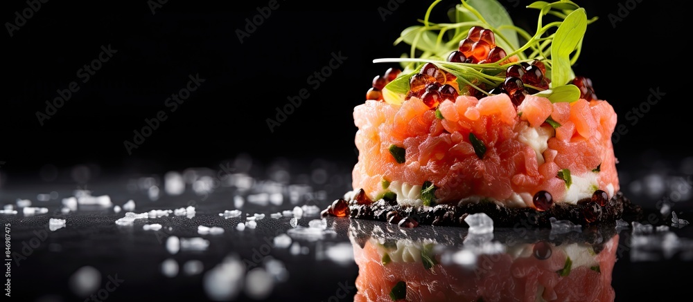 Aufkleber close-up photo of gourmet salmon tartare against a sleek black background. with copy space image. pl