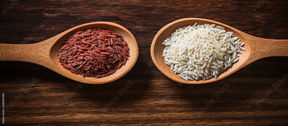 Poster wooden spoons filled with a mix of red and white uncooked rice grains, creating a contrast of colors