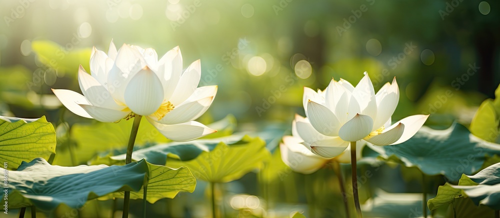 Aufkleber beautiful white lotus flowers blooming under the sun on a clear day. with copy space image. place fo
