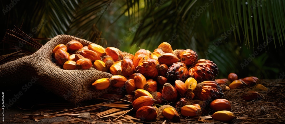 Poster a close-up of a sack of fruit with palm trees in the background, showcasing the harvested palm fruit