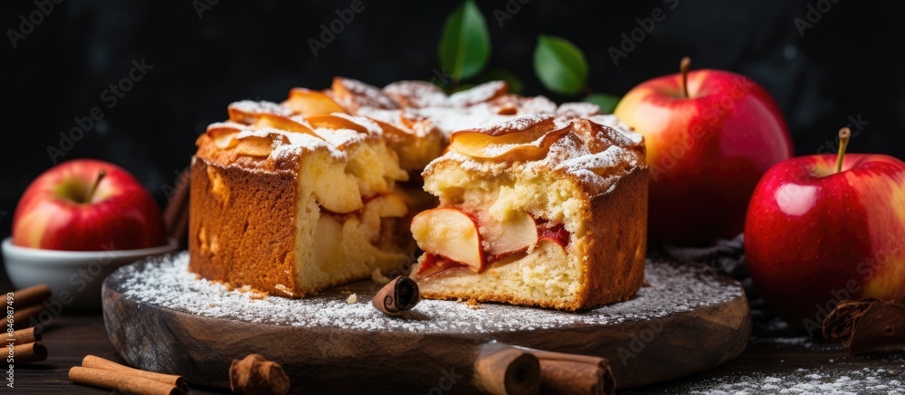 Poster apple cake with apple slices and cinnamon sticks on top, creating a sweet and homemade dessert. with