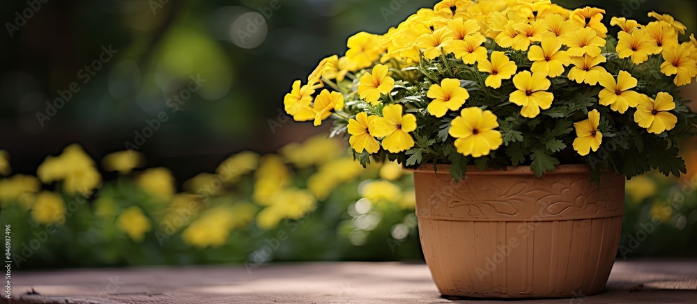 Aufkleber Bright yellow flowers arranged in a pot placed on a tabletop in a garden setting. with copy space image. Place for adding text or design