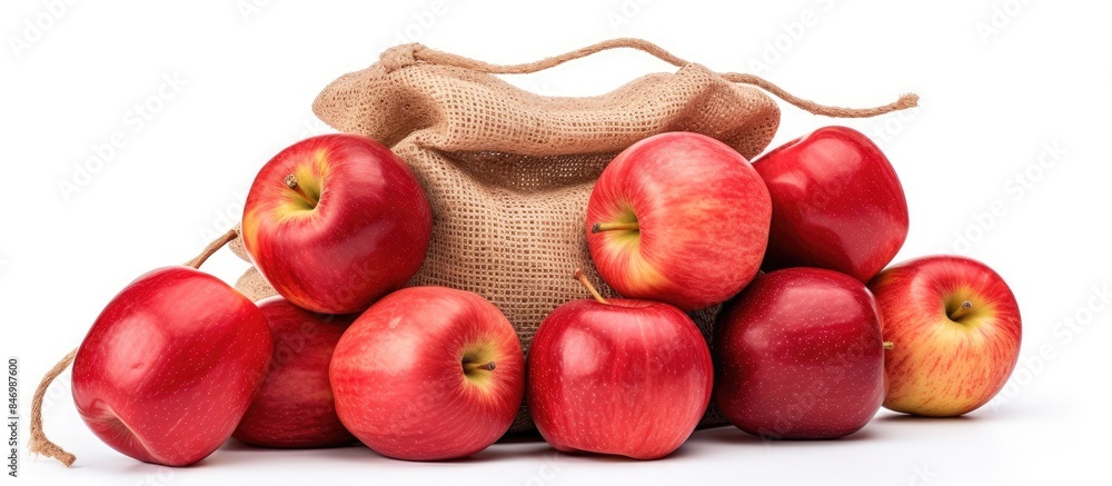 Poster close-up view of several sweet red apples with a rustic jute sack isolated on a white background. wi