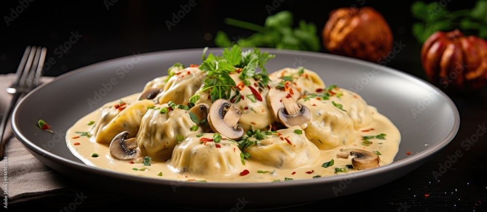 Poster plate of delicious tortellini pasta topped with rich mushroom cream sauce and cheese in italian cuis