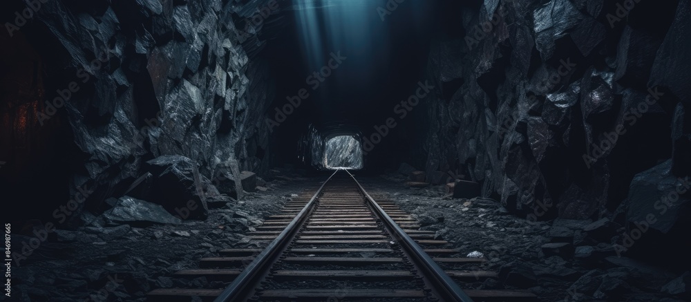 Poster Railroad mine tunnel in an underground setting with a dark ambiance and visible train tracks. with copy space image. Place for adding text or design