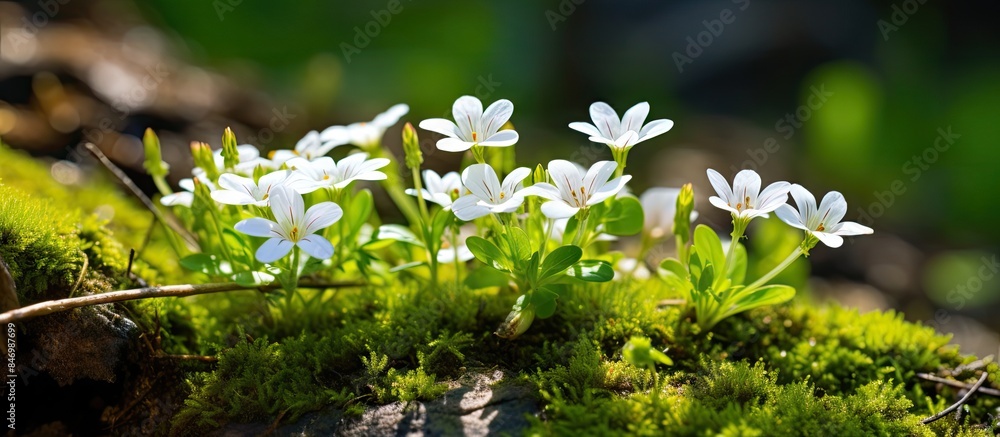 Leinwandbilder group of pure white flowers emerging from a rock covered in lush green moss. with copy space image. 