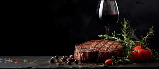 A detailed view of a succulent steak paired with a glass of wine resting on a table. The steak is prepared with a savory mix of red wine and herbs. with copy space image