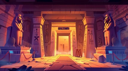 A terrifying interior of an ancient pyramid in Egypt. Stone statues, hieroglyphs, and a warning...