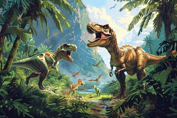 dinosaur background with dinosaurs playing in a jungle