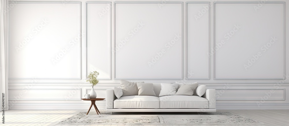 Poster Spacious room with white sofa and patterned carpet. with copy space image. Place for adding text or design