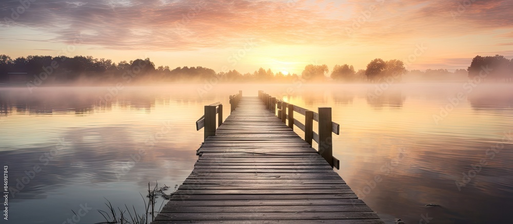 Poster a serene scene of a wooden pier by a tranquil lake at sunrise, enveloped in mist. with copy space im