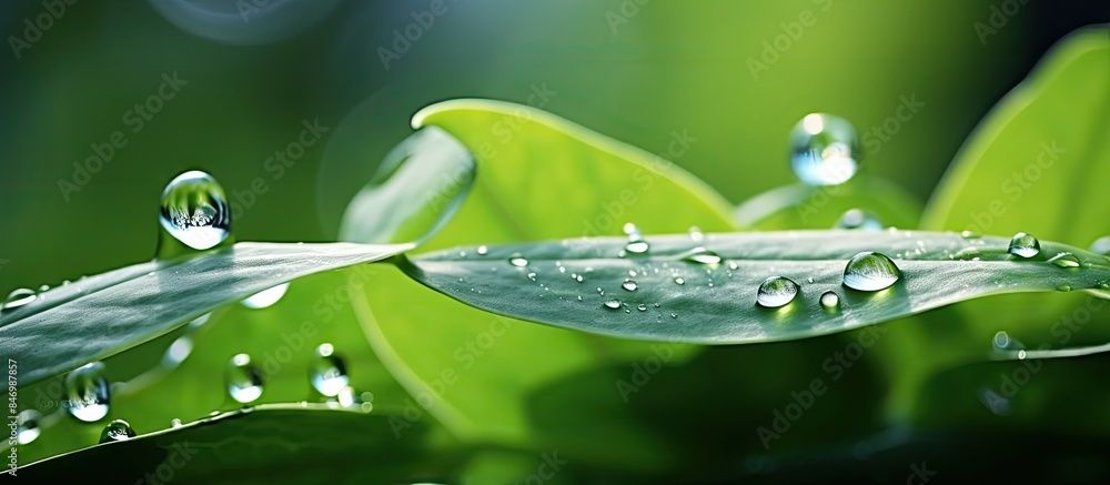 Poster macro shot showcasing water droplets on a green leaf, highlighting the natural beauty of rain's touc