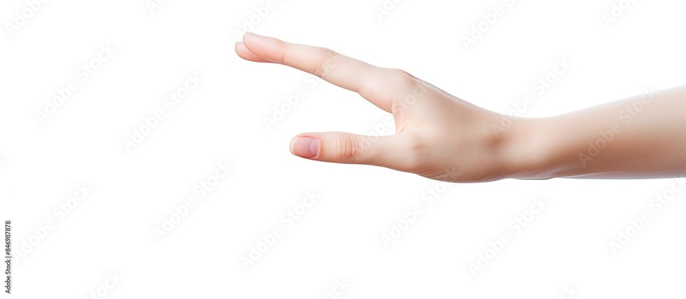 Fototapete A person's hand extending towards the camera against a plain white background, capturing a gesture or movement. with copy space image. Place for adding text or design