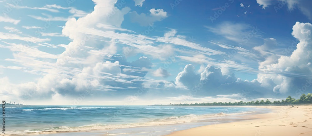 Aufkleber A serene beach setting with one individual leisurely walking on the sandy shore. with copy space image. Place for adding text or design