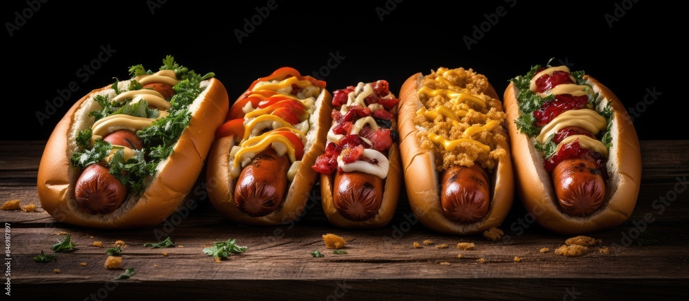 Leinwandbilder Three appetizing hotdogs topped with a variety of ingredients presented on a rustic wooden table. with copy space image. Place for adding text or design