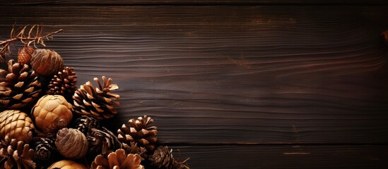 Assorted pinecones and acorns scattered on a rustic wooden table creating a natural and earthy display. with copy space image. Place for adding text or design