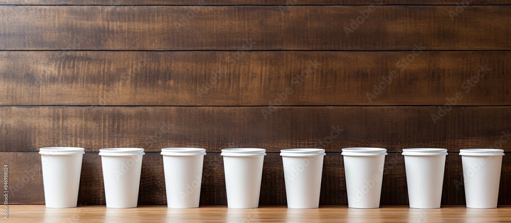 Poster Multiple white cups neatly aligned on a wooden floor, creating a visually appealing pattern. with copy space image. Place for adding text or design