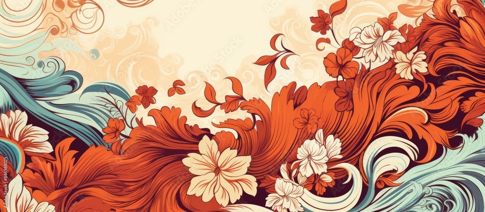 Poster Detailed artwork depicting vibrant flowers and serene ocean waves in a close-up view. with copy space image. Place for adding text or design