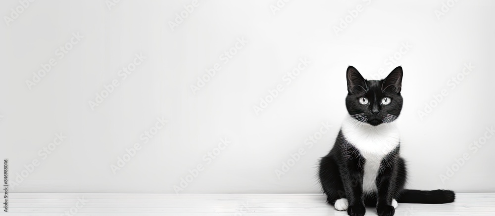 Leinwandbilder seated black and white cat gazing at the camera on a white surface. with copy space image. place for