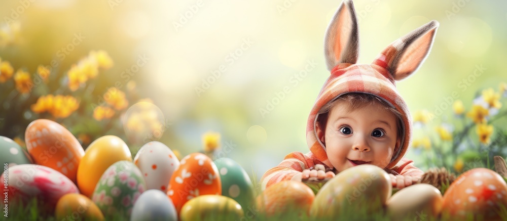Poster young kid wearing bunny ears surrounded by colorful eggs in a festive easter setting. with copy spac