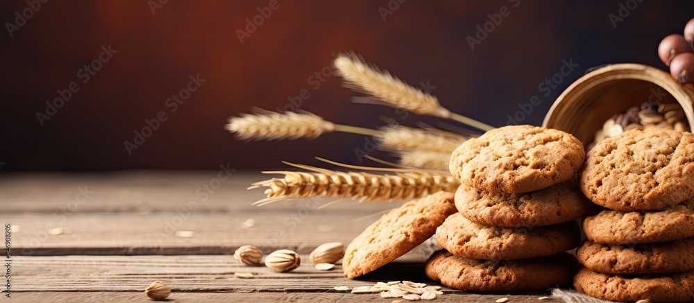 Fototapete close-up shot of an individual holding a cookie near a stack of cookies. with copy space image. plac