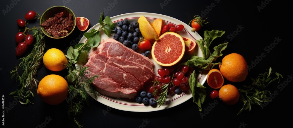 Leinwandbilder close-up view of a plate containing a variety of meat, fruits, and vegetables. with copy space image