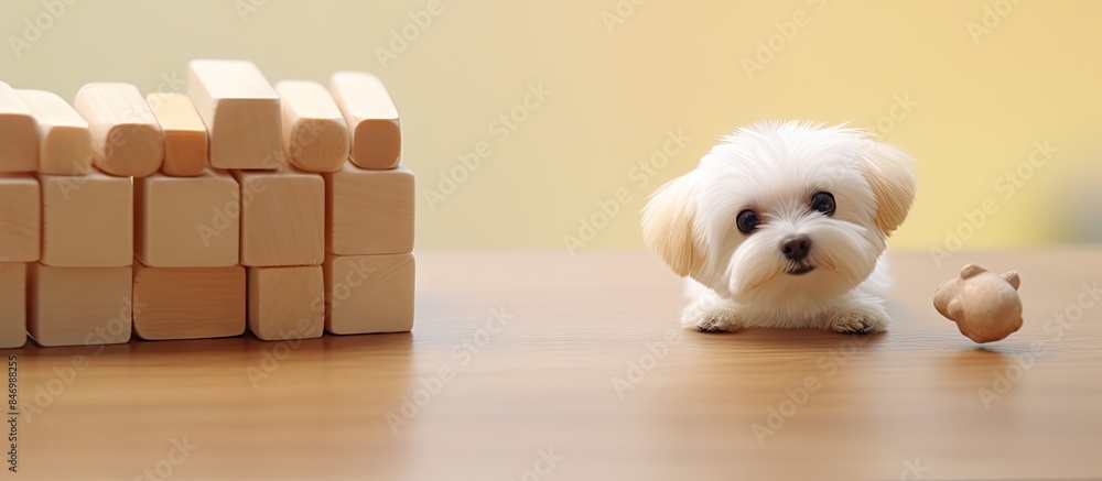 Aufkleber white canine seated on a surface next to a wooden cube. with copy space image. place for adding text