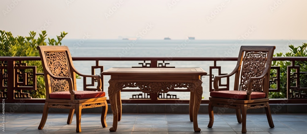 Aufkleber Two chairs and a table are placed on a balcony, offering a panoramic view of the ocean. with copy space image. Place for adding text or design