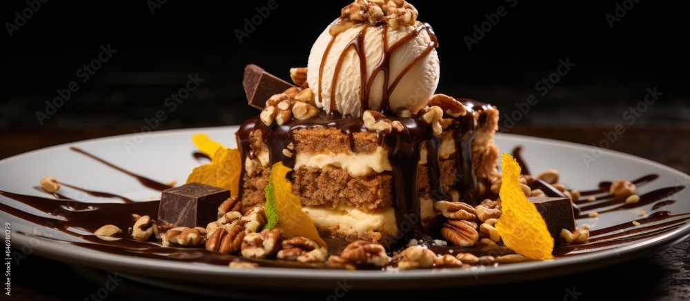 Leinwandbilder indulge in a delectable dessert featuring a scoop of ice cream topped with nuts, a luxurious treat f