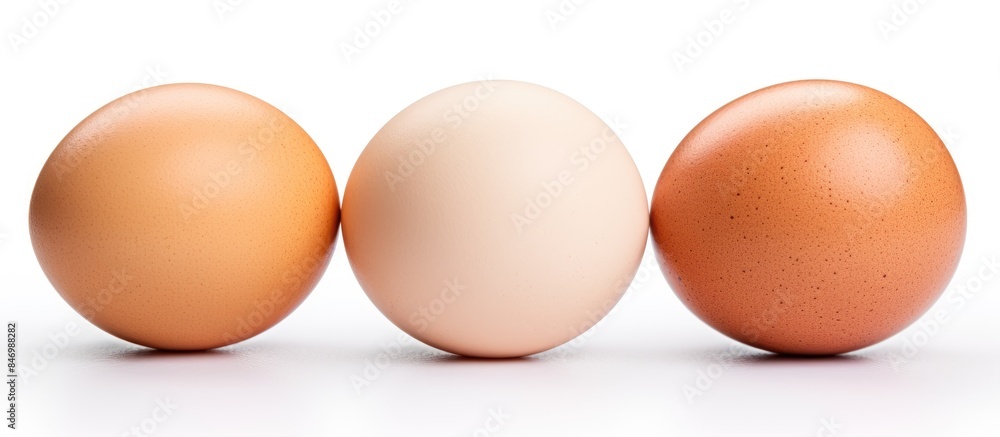 Poster arrangement of three eggs in a row on a plain white surface. with copy space image. place for adding