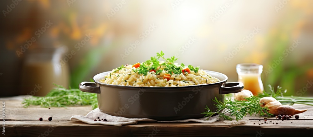 Poster pot of rice containing vegetables and spices placed on a table surface. with copy space image. place