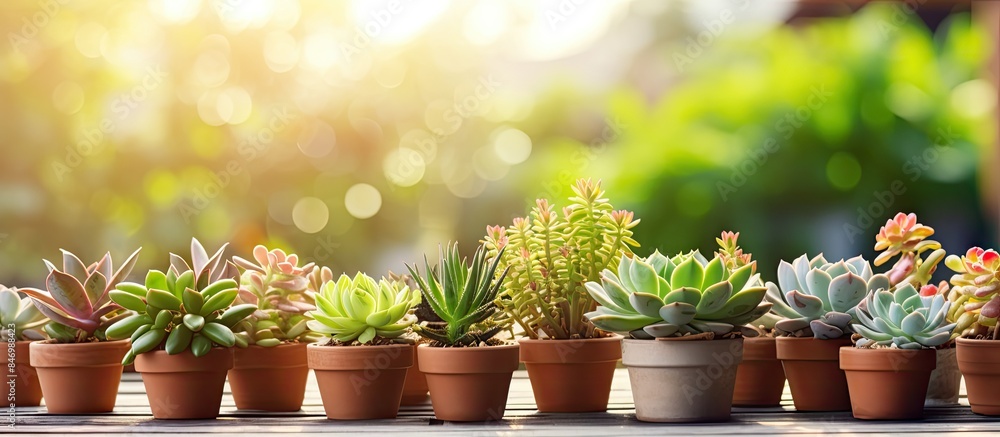 Aufkleber Row of small pots containing different green plants positioned closely together. with copy space image. Place for adding text or design