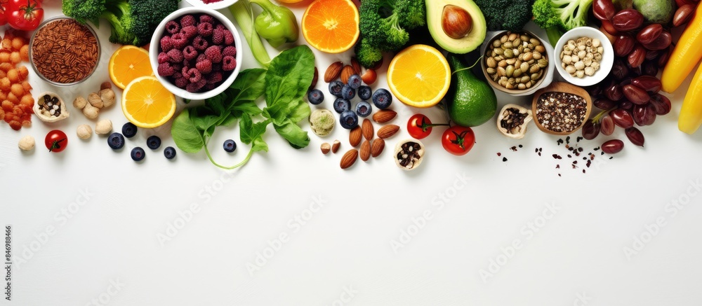 Leinwandbilder assorted fruits and vegetables displayed in a row for a plant-based vegan diet rich in nutrients and