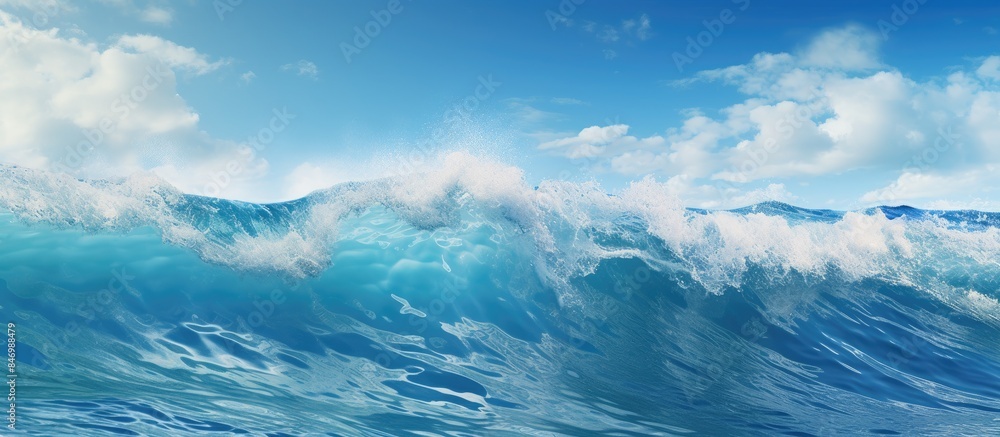 Aufkleber Large ocean wave cresting and splashing with foam against the backdrop of the sea and a clear blue sky. with copy space image. Place for adding text or design