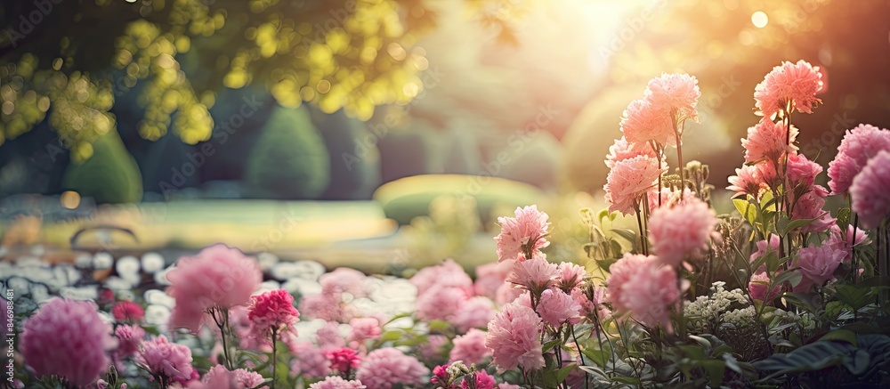 Leinwandbilder bench in the background offers a serene view of blooming flowers in the garden. with copy space imag