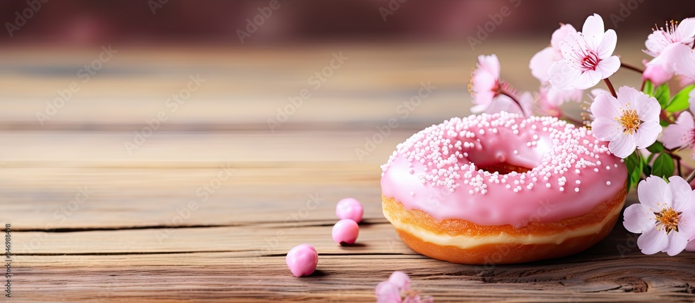 Leinwandbilder pink flower and donut with pink glaze sitting on a wooden surface. with copy space image. place for 