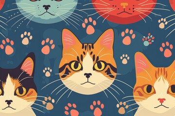 colorful cat background with cartoon cats and paw prints