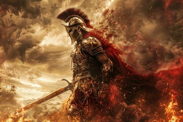 A digital painting of an imposing spartan warrior in full armor amidst a fiery battlefield