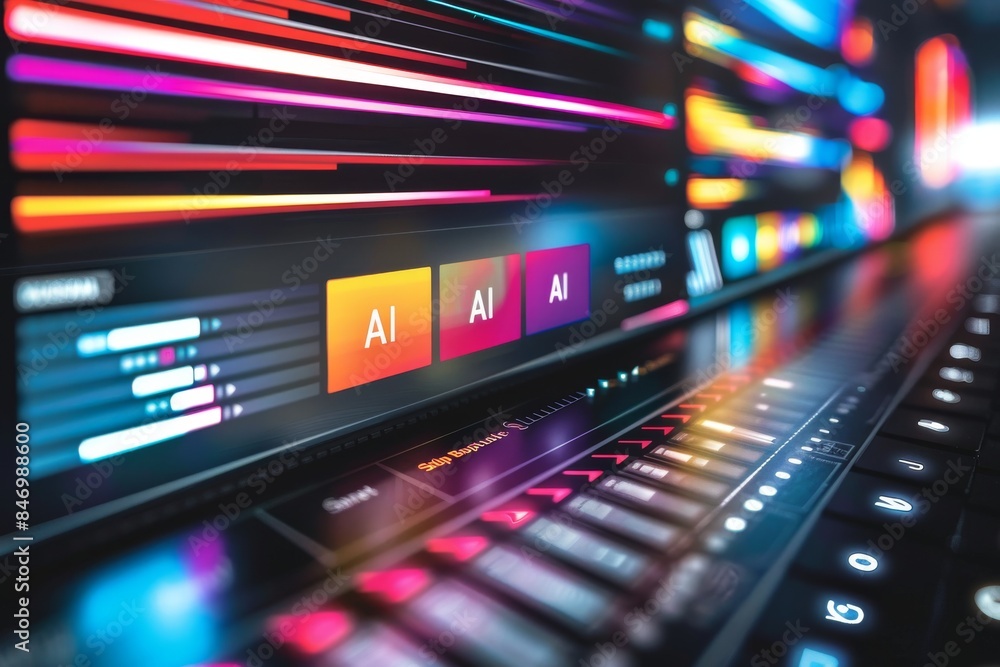 Poster colorful ai digital interface with data streams, highlighting technological innovation and modern co