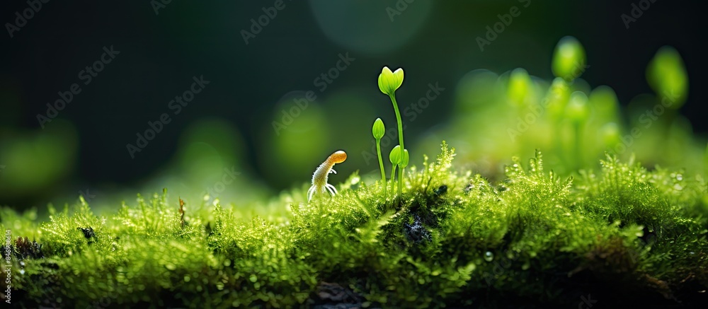 Aufkleber small plant sprouting from a rocky surface covered in moss. with copy space image. place for adding 