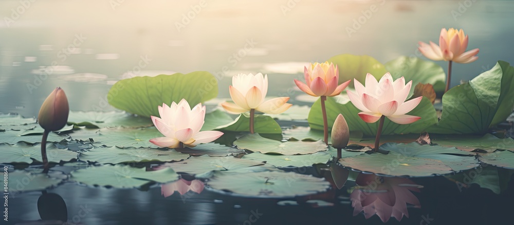 Poster pink flowers floating in water alongside vibrant green leaves create a serene and natural vintage lo