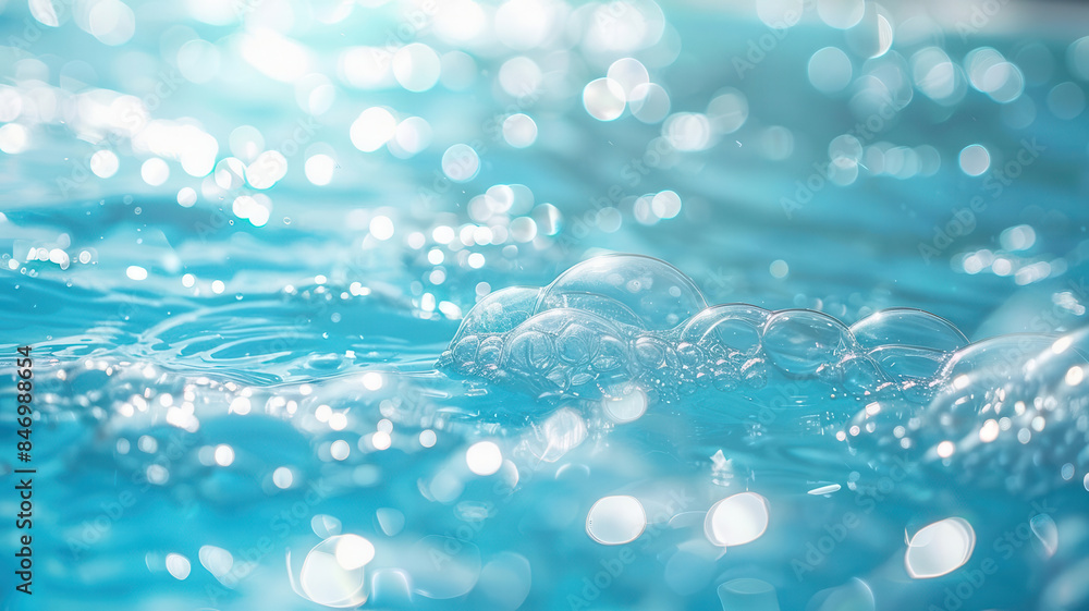 Poster a close-up view of shimmering blue water with light reflection and bubbles, creating a calming and s