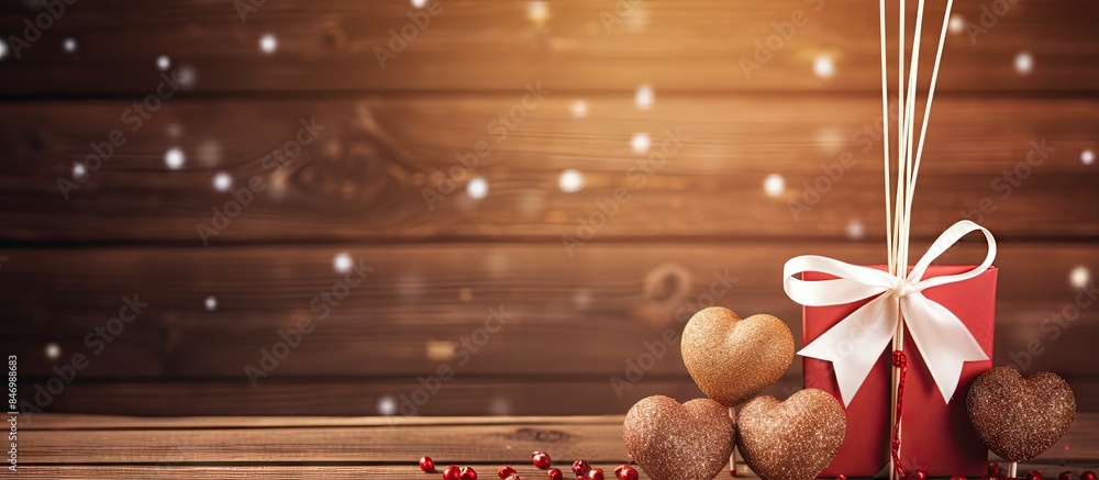 Aufkleber christmas ornaments and gift box displayed on a rustic wooden table. with copy space image. place fo