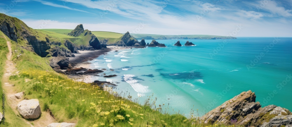 Fototapete scenic view of a path winding through a rocky coastline and sandy beach. with copy space image. plac