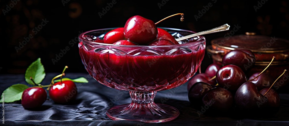 Leinwandbilder Plum compote served in a transparent glass bowl. with copy space image. Place for adding text or design