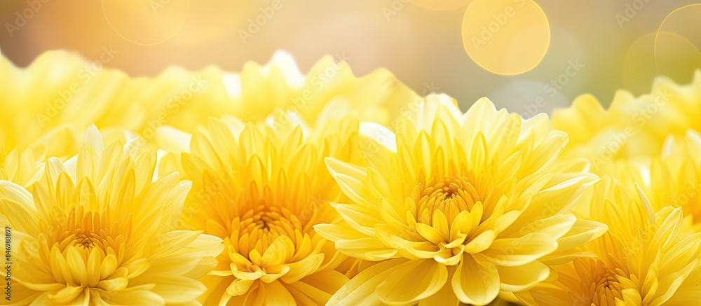 Poster vibrant yellow flowers displayed in a vase, surrounded by a soft bokeh of light; close-up of a chrys