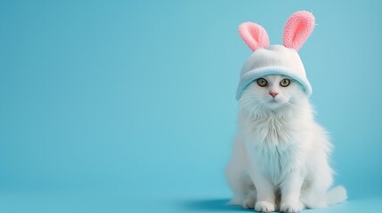 Funny white cat in hat with bunny ears on blue background : Generative AI