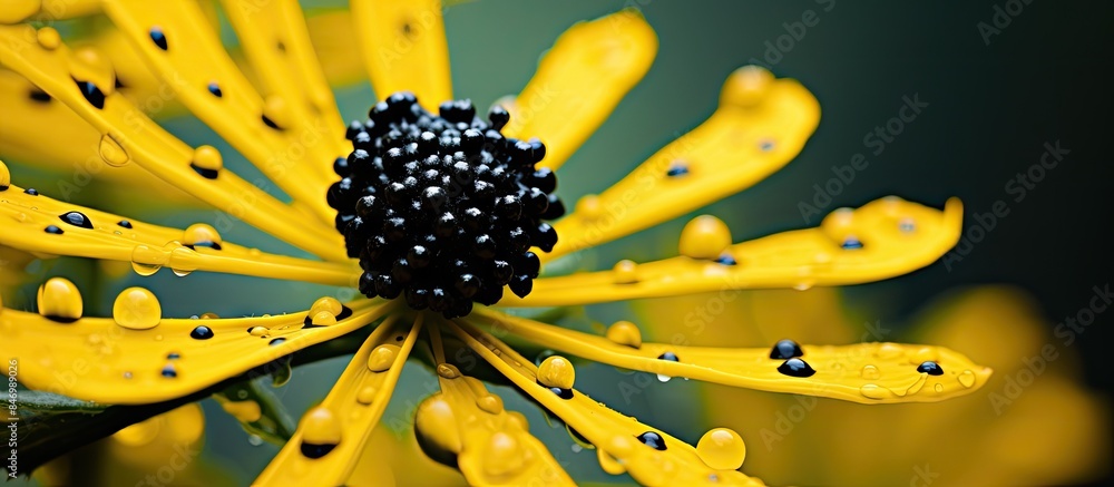 Leinwandbilder macro view of a thick yellow flower in the forest, showing detailed black spotted seeds and water dr